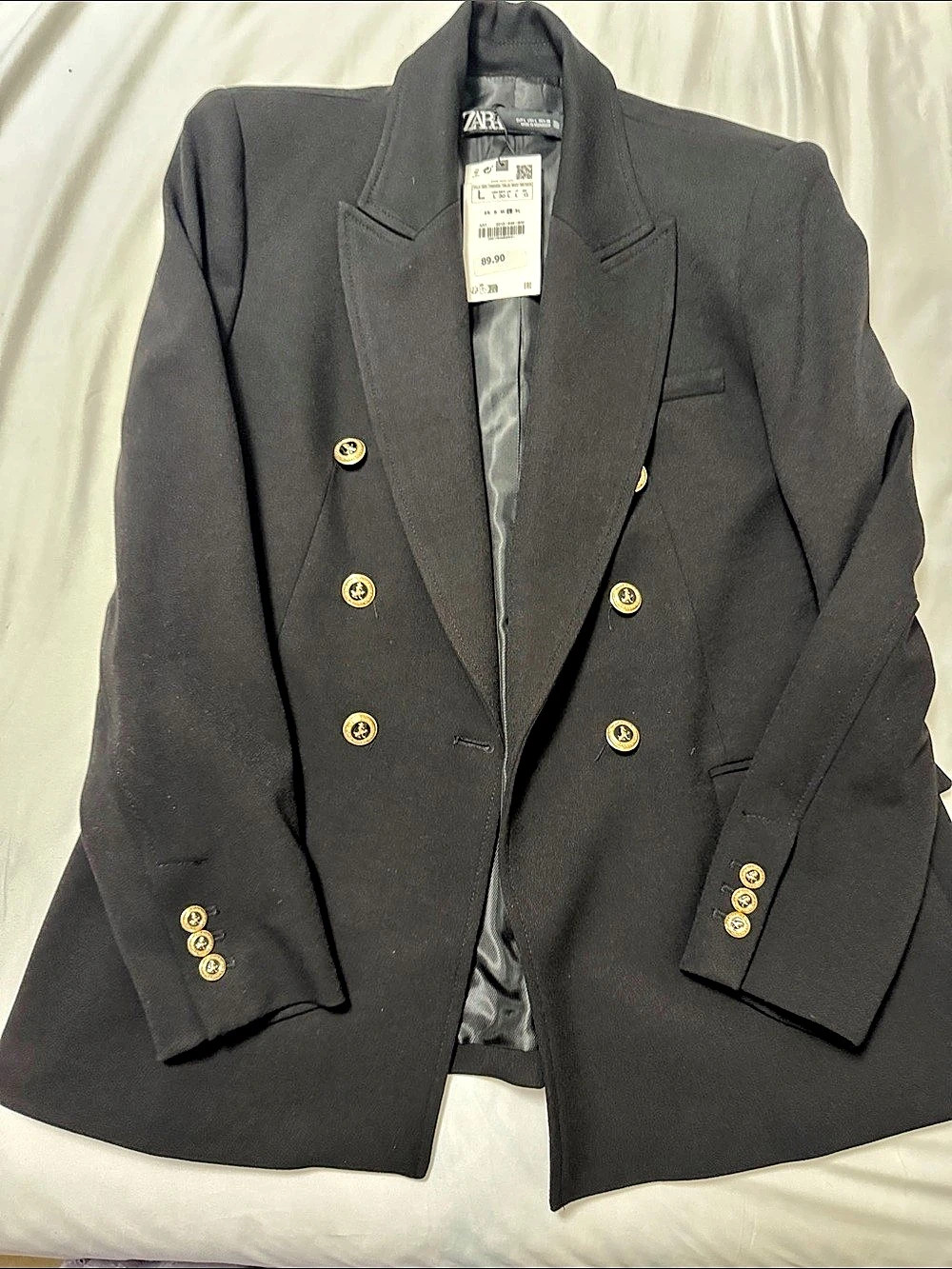 Zara Double-Breasted Gold Button Blazer Black Size Small